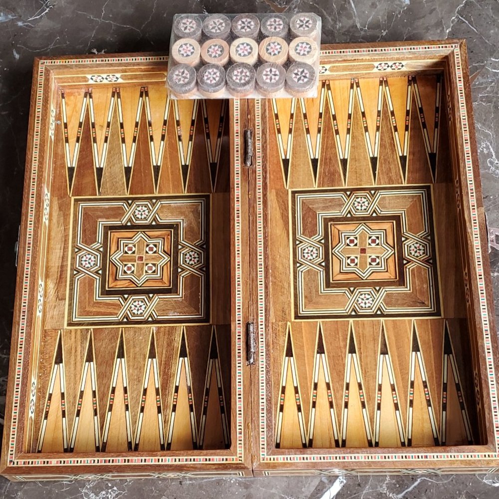 Vintage Mosaic Backgammon Checkers Board
